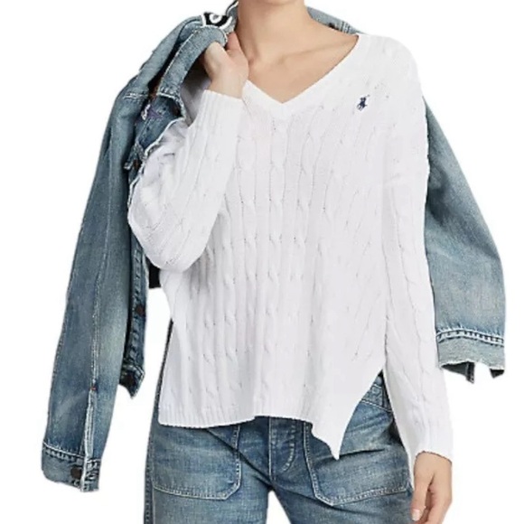 Polo Ralph Lauren Sweaters - Polo Ralph Lauren White Cable-knit Split Hem V-neck Sweater